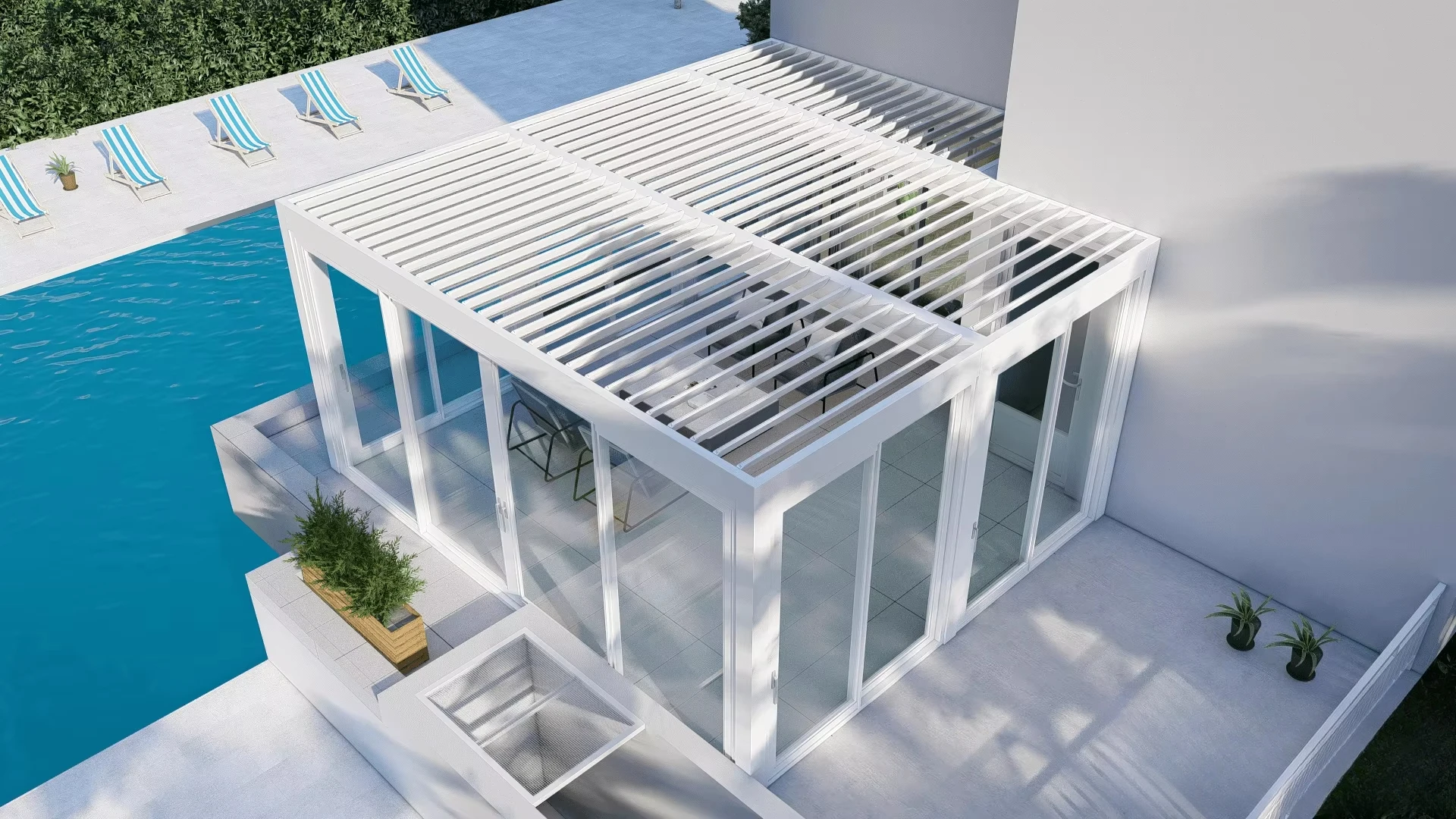 مطبخ خارجي مخصص راقي مع حل بناء عريشة سقف مسطح للمعيشة في الهواء الطلق