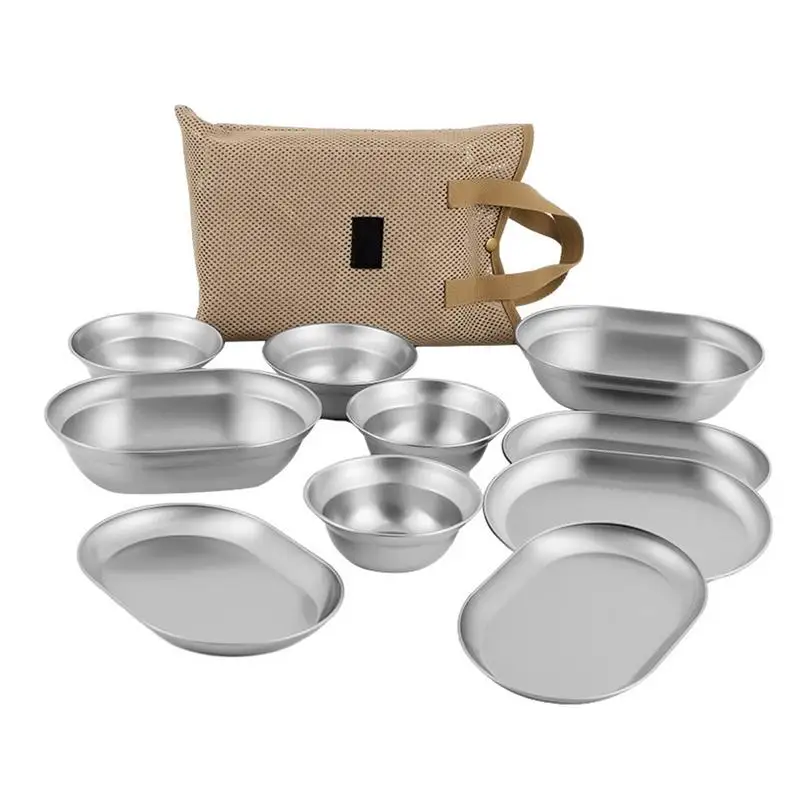 

Outdoor Tableware Set 6/8/10PCS Stainless Steel Camping Plates Bowls Self-driving Home Soup Pot Bowl Plate Set Cooking Cookware