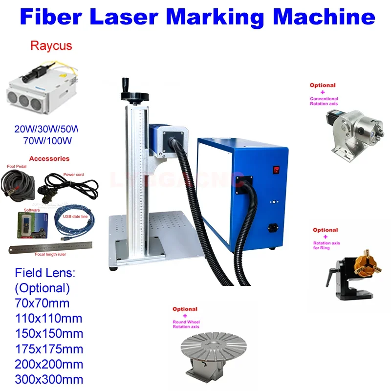 

Raycus Fiber Laser Cutting Marking Machine Metal Engraving Cutter Jewelry Engraver 100W 70W 50W 30W 20W with Rotary axis