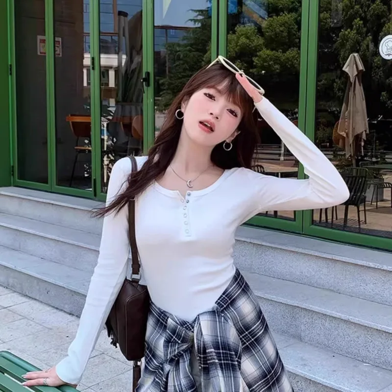 تي شيرت نسائي بأكمام طويلة متين وبسيط ومتوافق مع تصميم كاجوال بصدر واحد ملابس علوية للتخسيس Ulzzang High Street College Inner