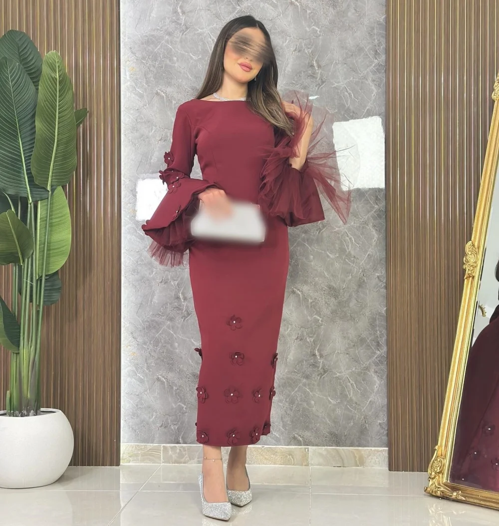 

Customized Formal Applique Evening Dress Flower Straight O-Neck Midi Dresses Bespoke Occasion High Quality Prom Party Gown