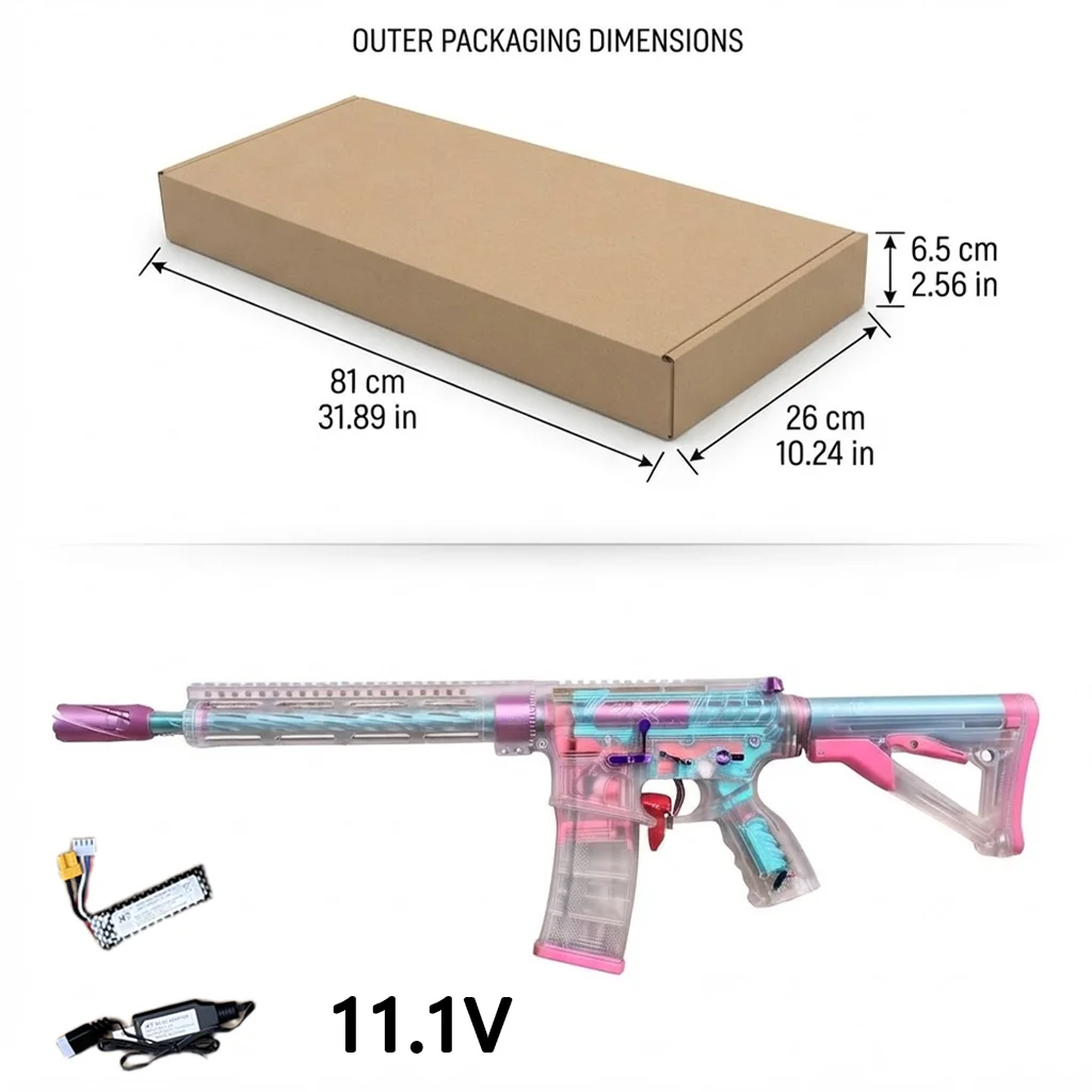 Custom M4 Ball Blaster Style Gel See Through Receiver with Blue Pink Accents High Speed Automatic Toy Rifle for Shooting Games