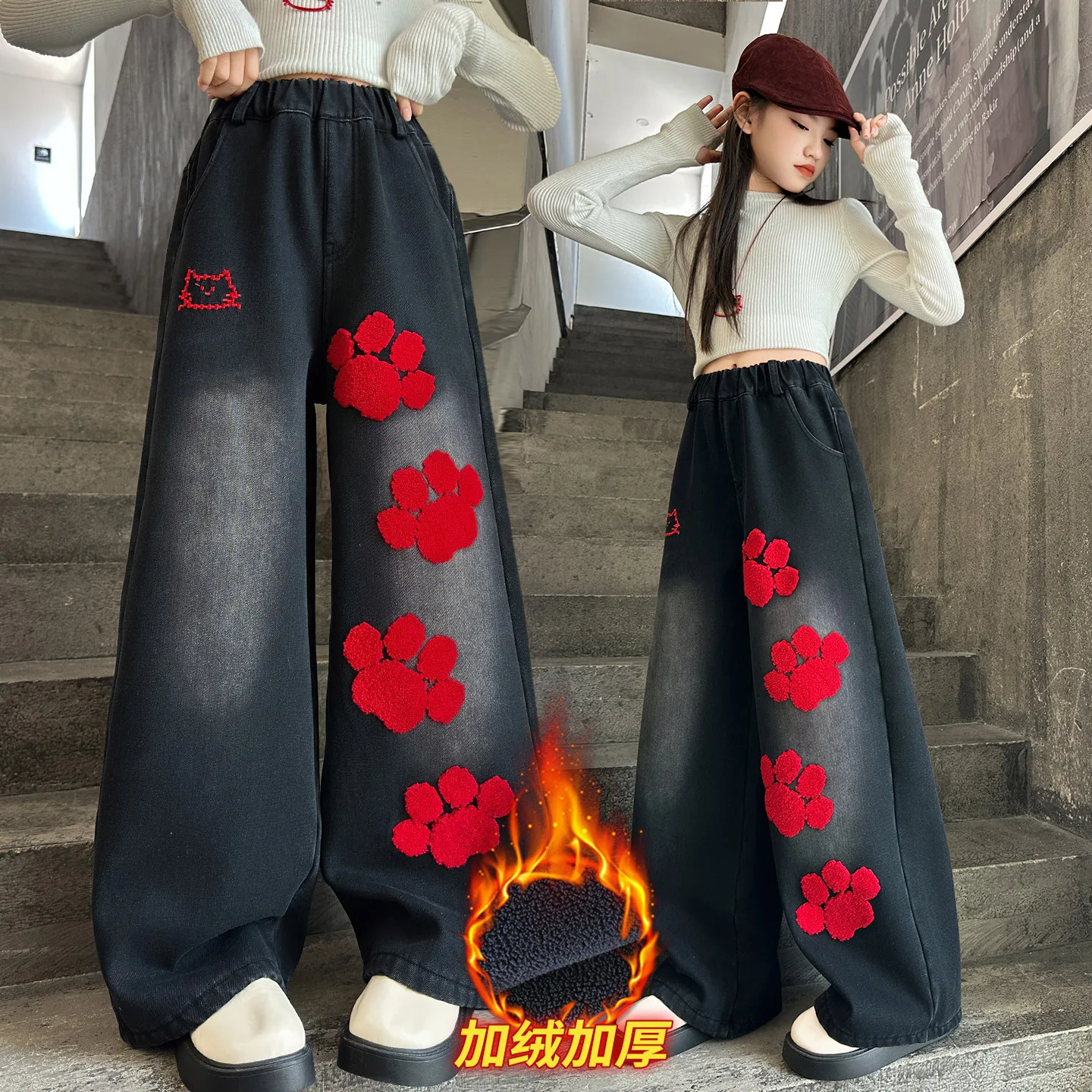 

High quality Girls Fleece Lined Jeans Cartoon Print Thick Warm Loose Straight Leg Denim Pants for Teenage Children Autumn Winter