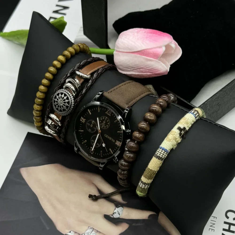 5ชิ้นนาฬิกาควอตซ์ข้อมือสแตนเลสธุรกิจของผู้ชายกล่องสำหรับใส่พักผ่อนกลางแจ้งเล่นกีฬาวิ่ง