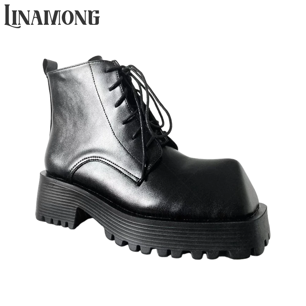 

Novelty Square Toe Booties Designer Fashion Style Ankle Boots Chunky Toothed Rubber Outsole Boots Smooth PU Leather Lace up Boot
