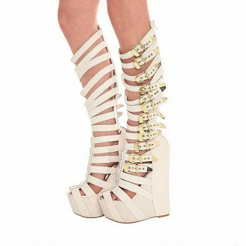 Metal Buckle Belt Wedges Sandas Boots Sexy Pointed Toe Leather Accetp Customized New Arrivals Fashion Women Boots
