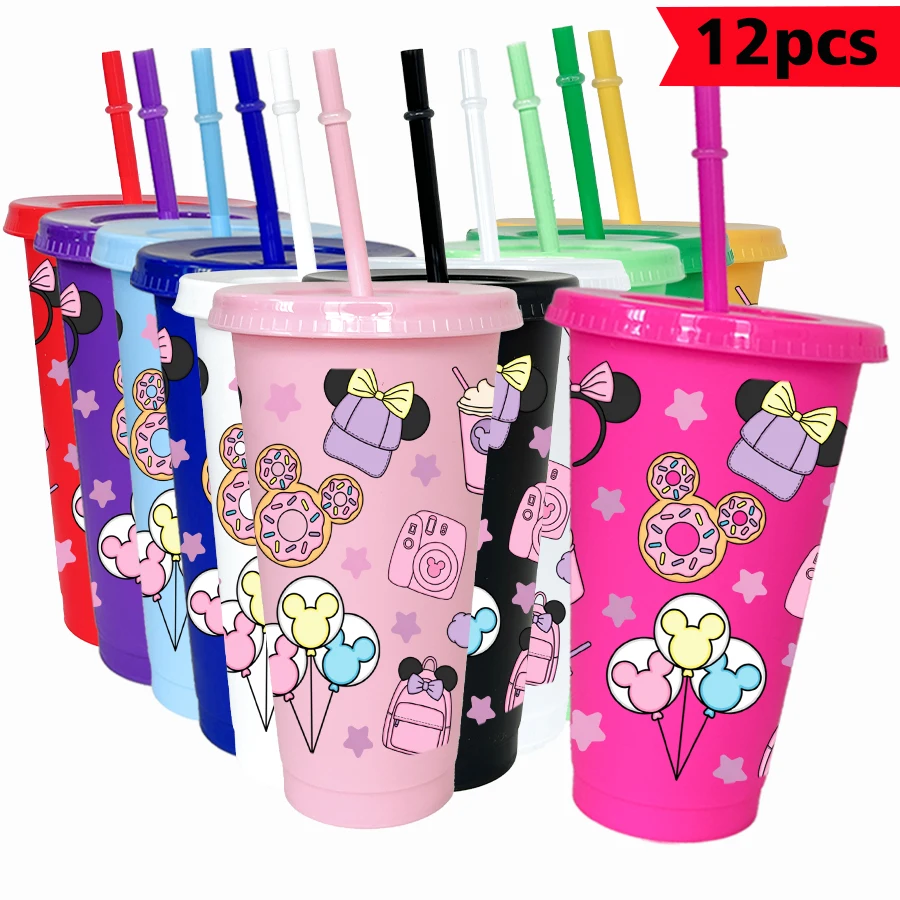 12 قطعة/الحزمة ديزني ميني دونات 26 أوقية متعدد الألوان كوب ماء بلاستيكي مجموعة مشروبات الحفلات عيد ميلاد/العودة إلى المدرسة هدية #1