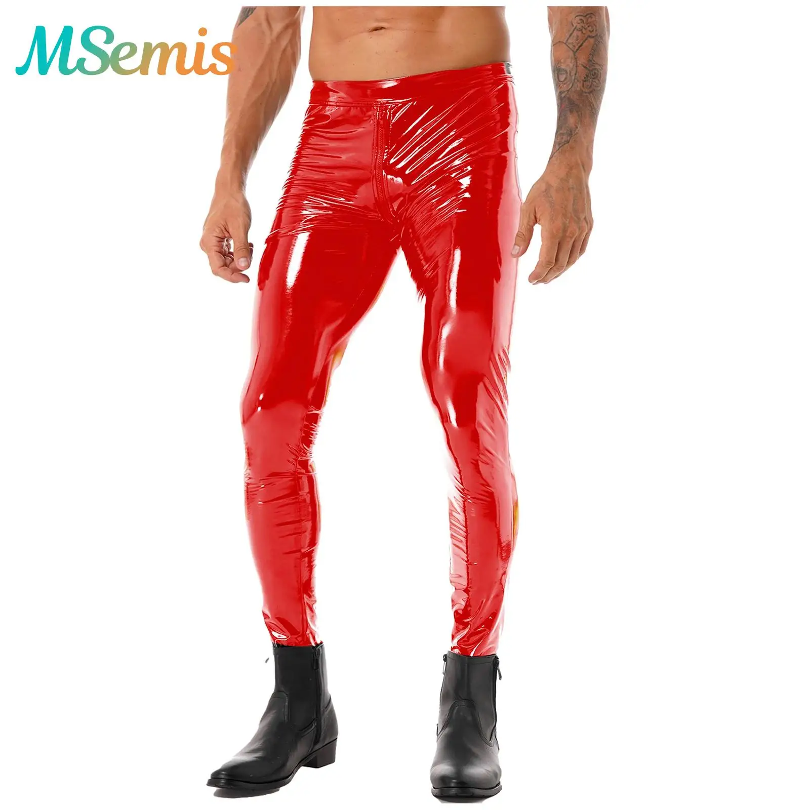Mens Black Red Motorcycling Leggings Patent Leather Skinny Pants Two-way Zipper Crotch Trousers Wet Look Clubwear Leggings