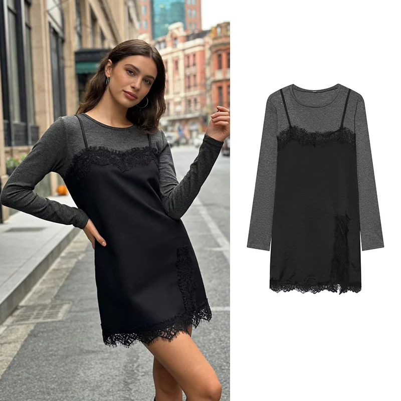 Tidalyf 2026 جديد المرقعة الدانتيل فستان المرأة ربيع موضة سليم س الرقبة فستان قصير المرأة شيك مريح الشباب فستان مناسبات #1