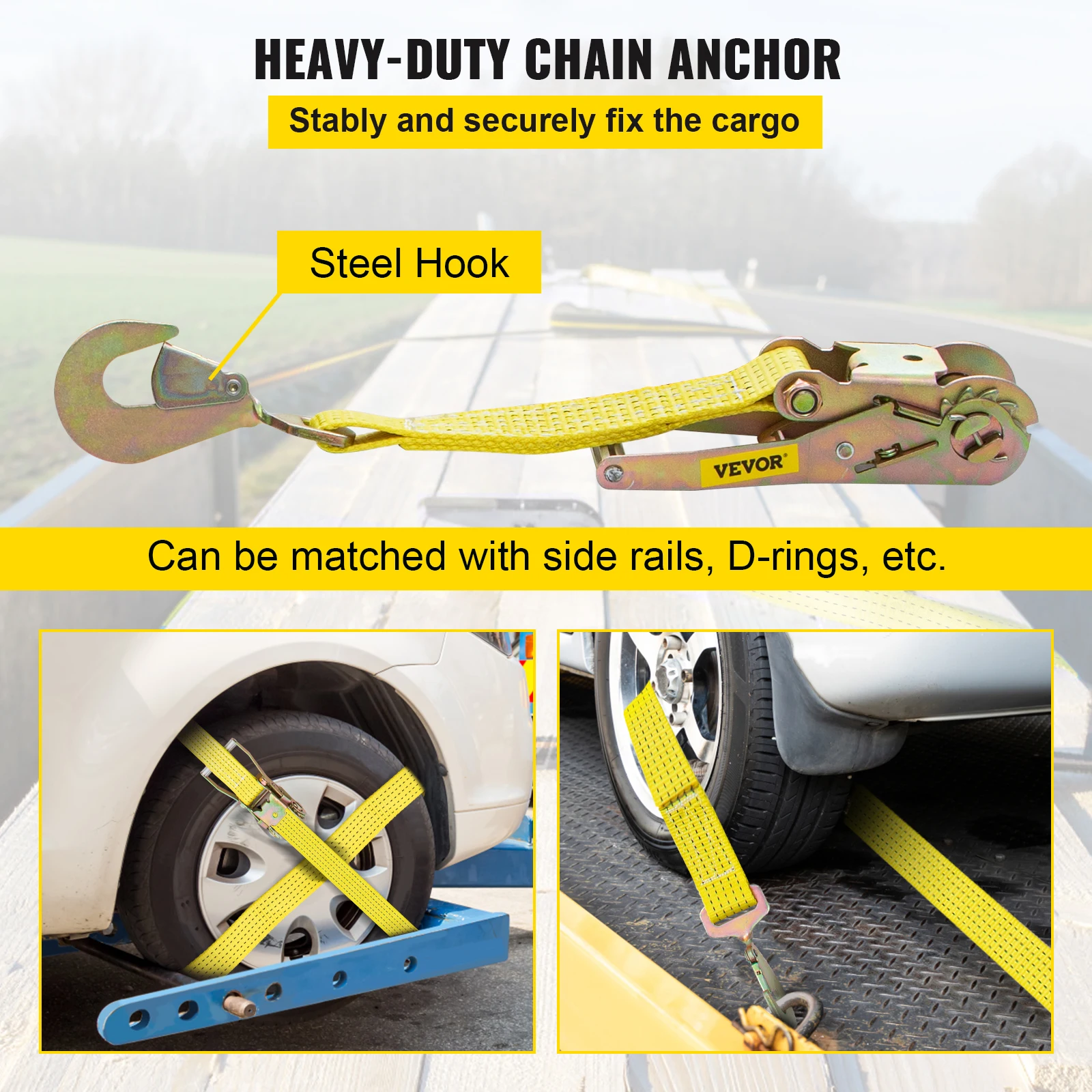 VEVOR 4000ปอนด์ความจุ Ratchet Tie Down Straps 2 "กว้างโพลีเอสเตอร์ชุด Snap ตะขอสำหรับค่าเฉลี่ยรถจักรยานยนต์และสินค้า