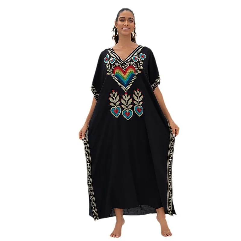 

New Cross-Border Loose Women's Beachwear Sun Protection Clothing Cotton Embroidered Dr Long Skirt Bikini Swimsuit Cover up