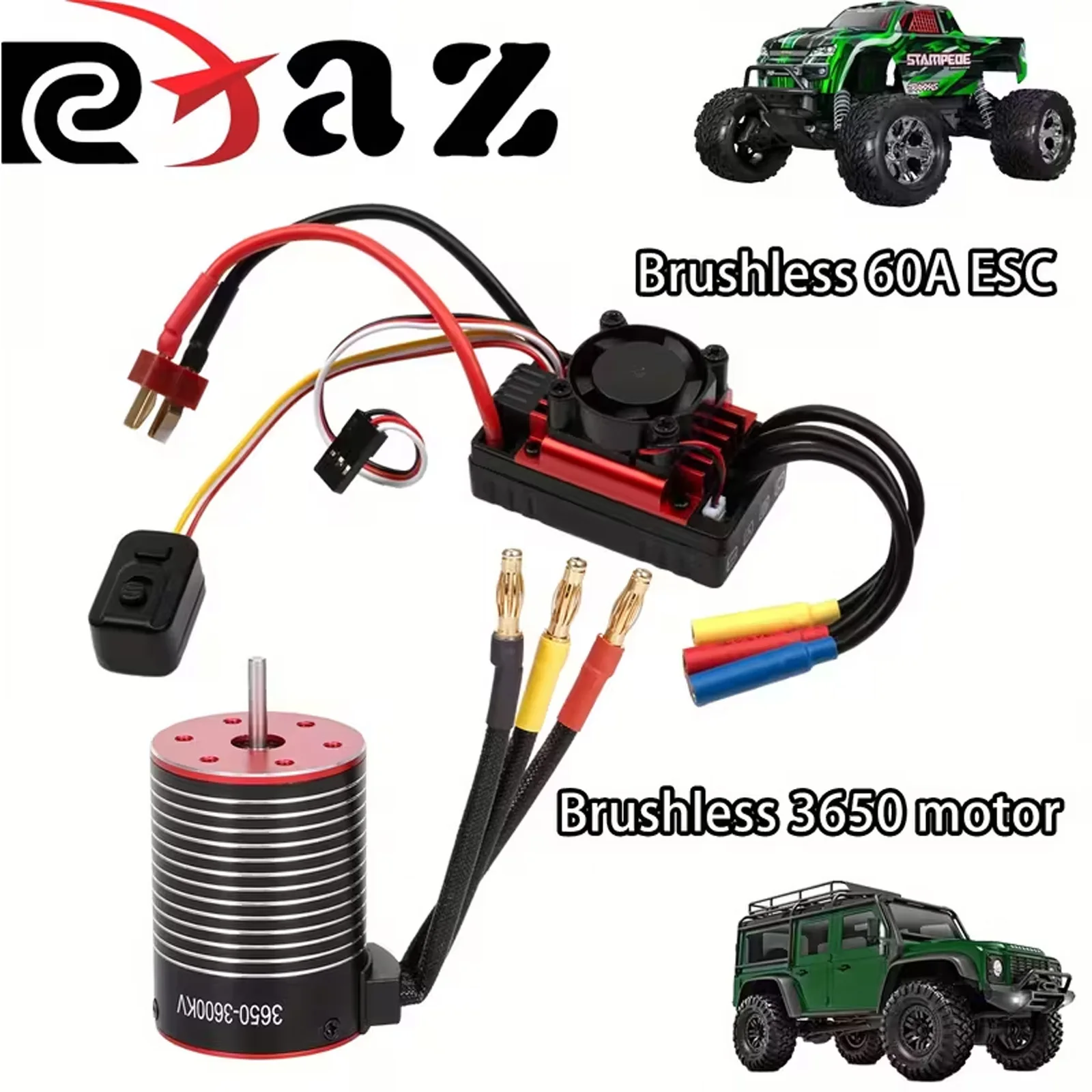 RCXAZ RC 3650 Brushless Motor 3600KV 4500KV 5200KV With 60A Brushless ESC Waterproof Electric Speed Controller Combo For 1/10 RC Car Truck Buggy Off Road Crawler RC Model Upgrade Parts