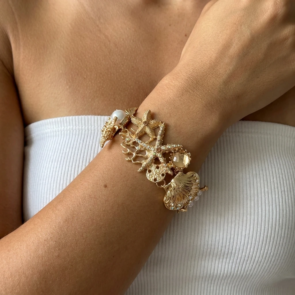 Vintage Schmuckset für Damen im Ozean-Stil: Extravagante Metall-Emaille Seestern-Muschel-Korallen-Perlenkette und Armband – Detail 3