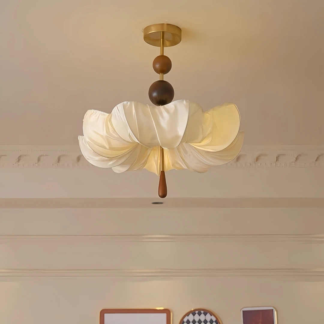 Mid-Century Ruffled Petal Pendant Light for Bedroom Dining Kitchen Island Soft Cream Retro Minimalist Warm Home Decor Lamp