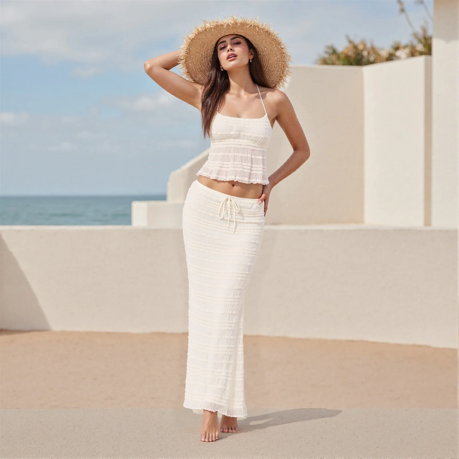 

Women Summer Elegant 2-Piece Outfits Solid Color Backless Halter Tops Drawstring Skirts Streetwear 90s Aesthetic Sets 2025