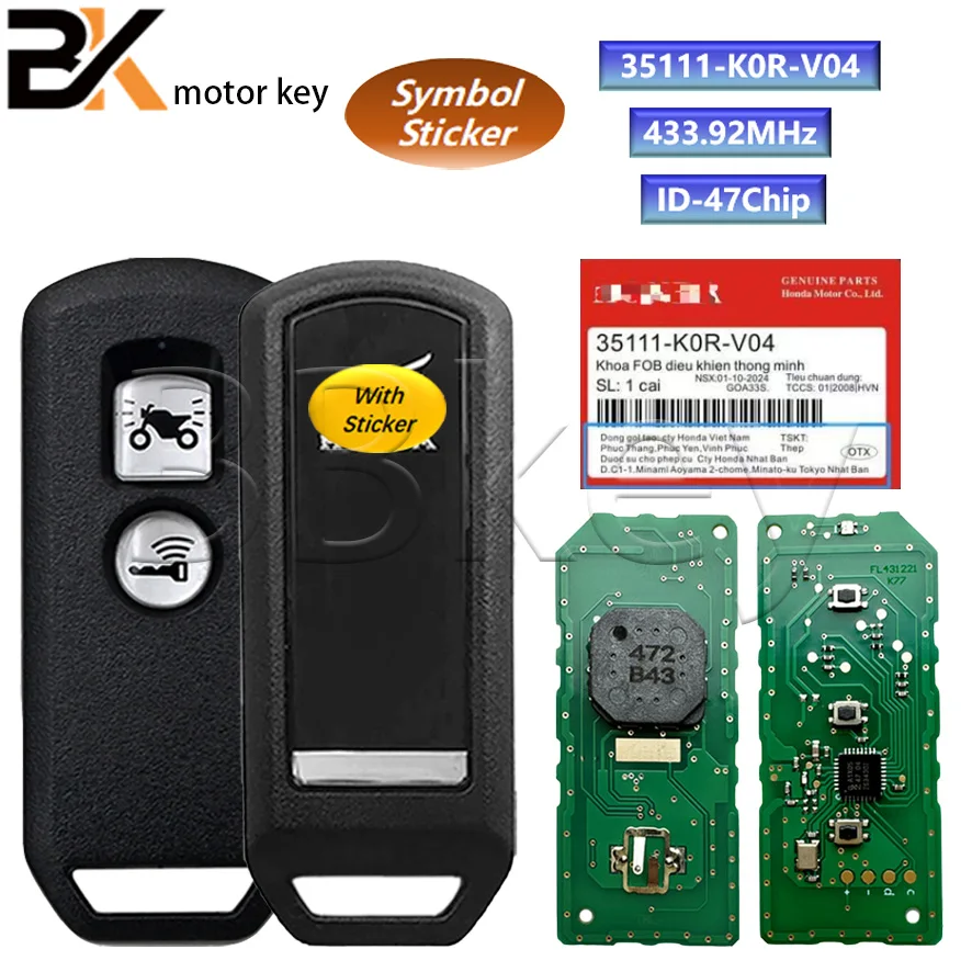 BB key K0R for Honda Motorcycle Scooter 433MHz FSK ID47 Chip FCCID: 35111-K0R-V04 Remote Keyless Control Key 2 Buttons