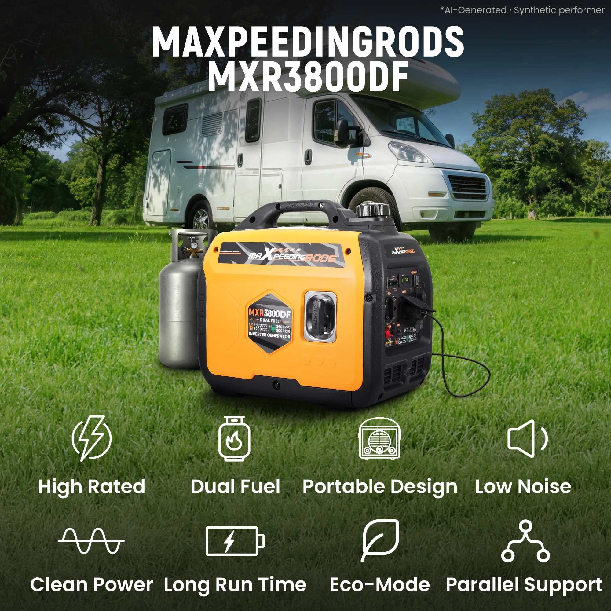 3800W Portable Dual Fuel Inverter Generator 6h Gas Runtime for Camping Trips