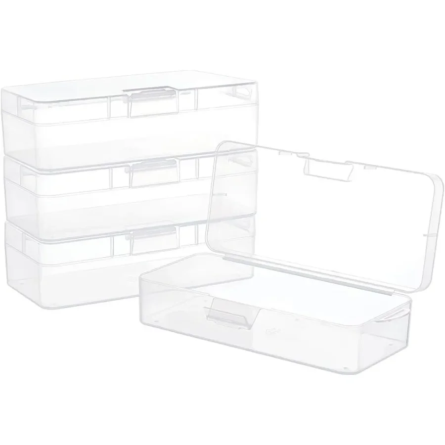 4 Packs Rectangle Plastic Container Box 7x3x1.8inch Clear Storage Organizer with Hinged Lid and Hanging Hole for Small Craft Ac