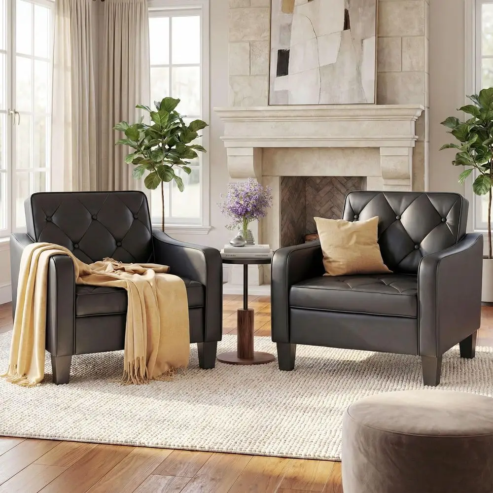 

Living Room Chairs Black Leather Accent Chairs Set of 2, Waiting Room Arm Chairs, Reading Chairs for Bedroom Comfy Club Chair T