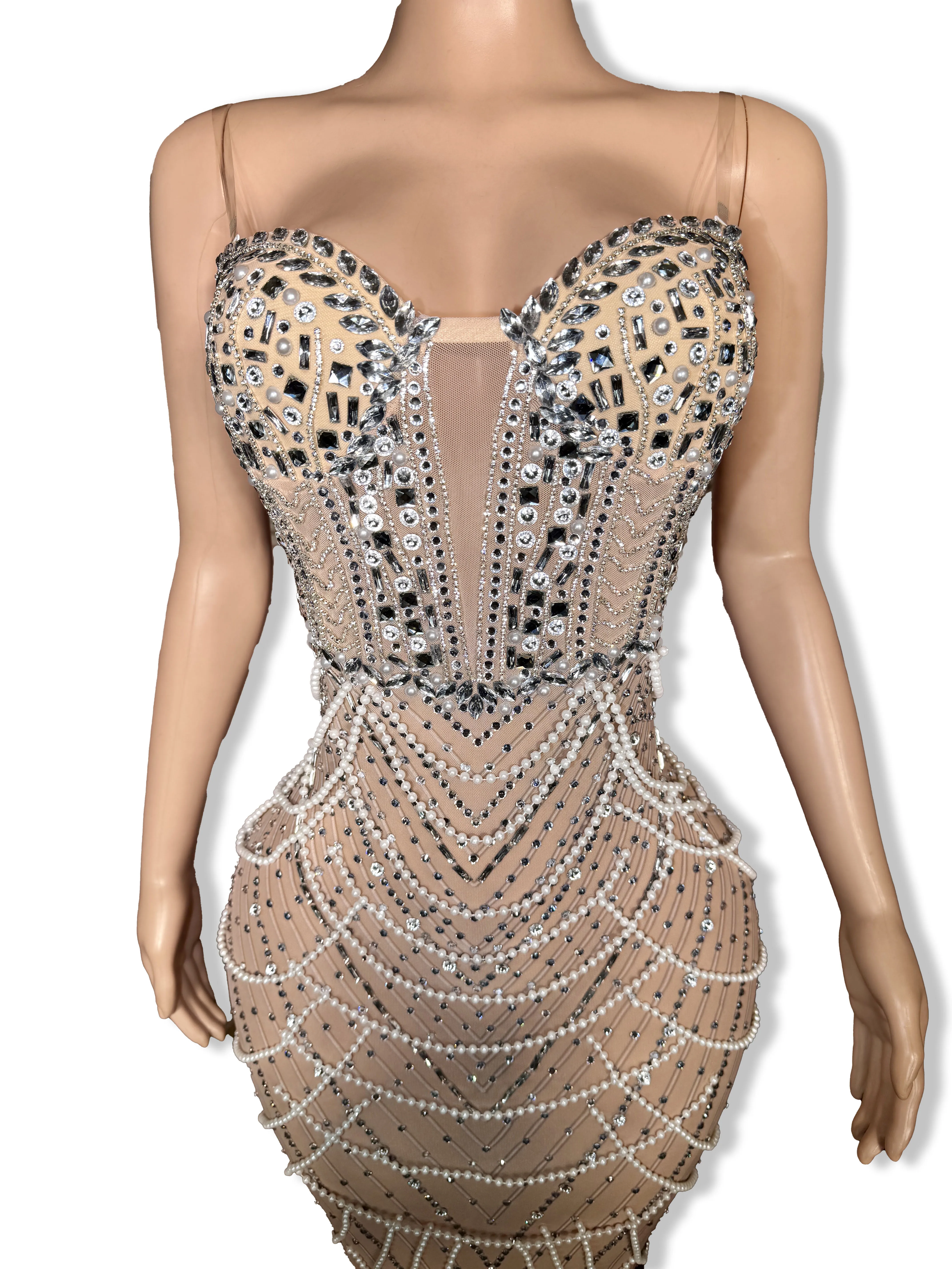 

ZD New Luxury Sparkly Crystal Rhinestone Pearl Celebrities Gown Dress Woman Strap Evening Party Birthday Prom Wedding Vestido