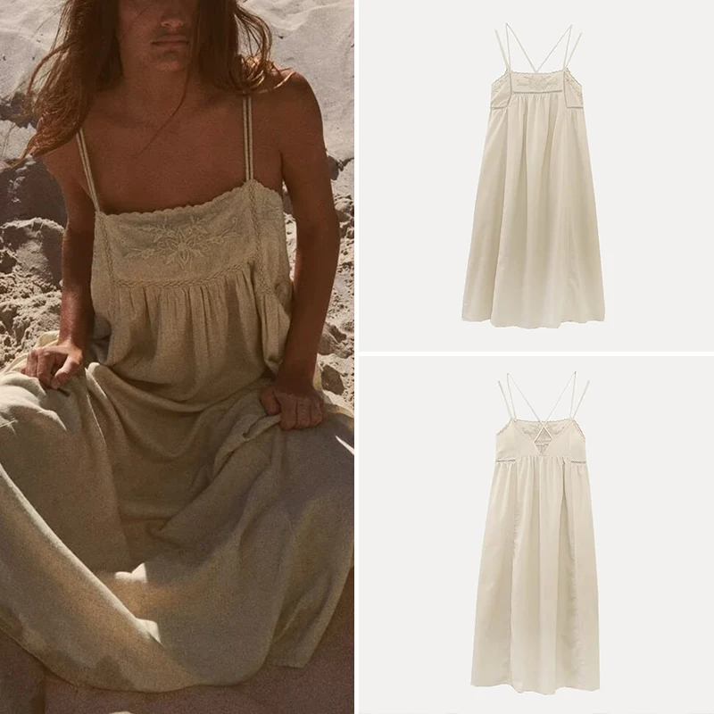 

Летнее женское платье миди 2025 с вышивкой и элементами смешанной техники, без рукавов, из полиэстера, цельное, в стиле Pure Desire