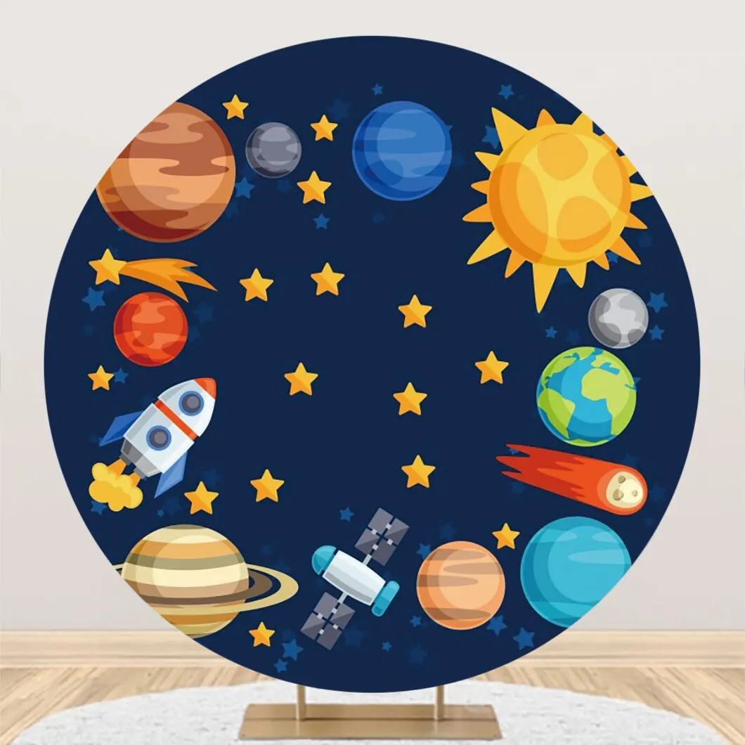 Outer Space Theme Round Backdrop Cover for Baby Happy Birthday Party Planet Galaxy Astronaut Kid Portrait Photography Background