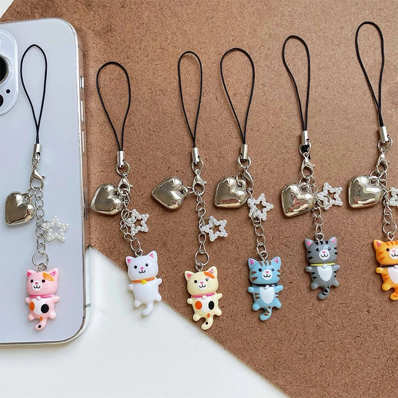 Kawaii Kitten Phone Lanyard Cute Cartoon Star Cat Phone Chain Keychain Pendant Girls Earphone Case Phone Charm Couple Gift