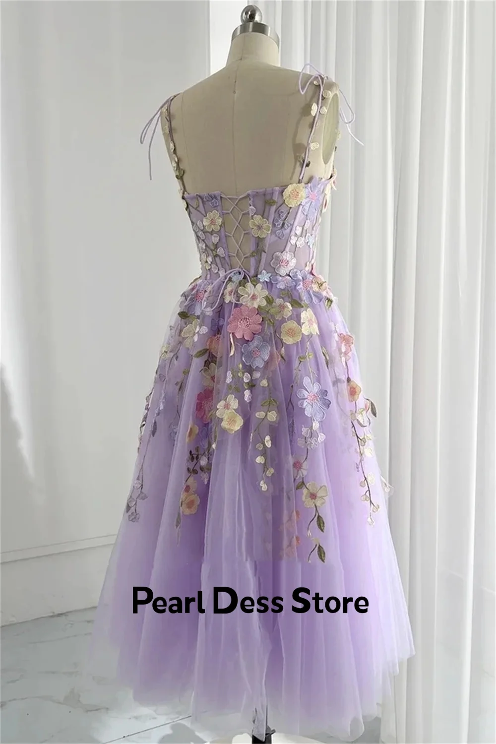 Vestidos De encaje con flores bordadas, Vestidos De Noche transparentes De Color lavanda, longitud media, dulces Vestidos formales para ocasiones De Noche