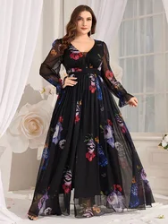 TOLEEN 2024 New in Casual V-Neck Party Long Dresses Spring Summer Plus Size Women's Elegant Floral Print Mesh Flare Sleeve Dress