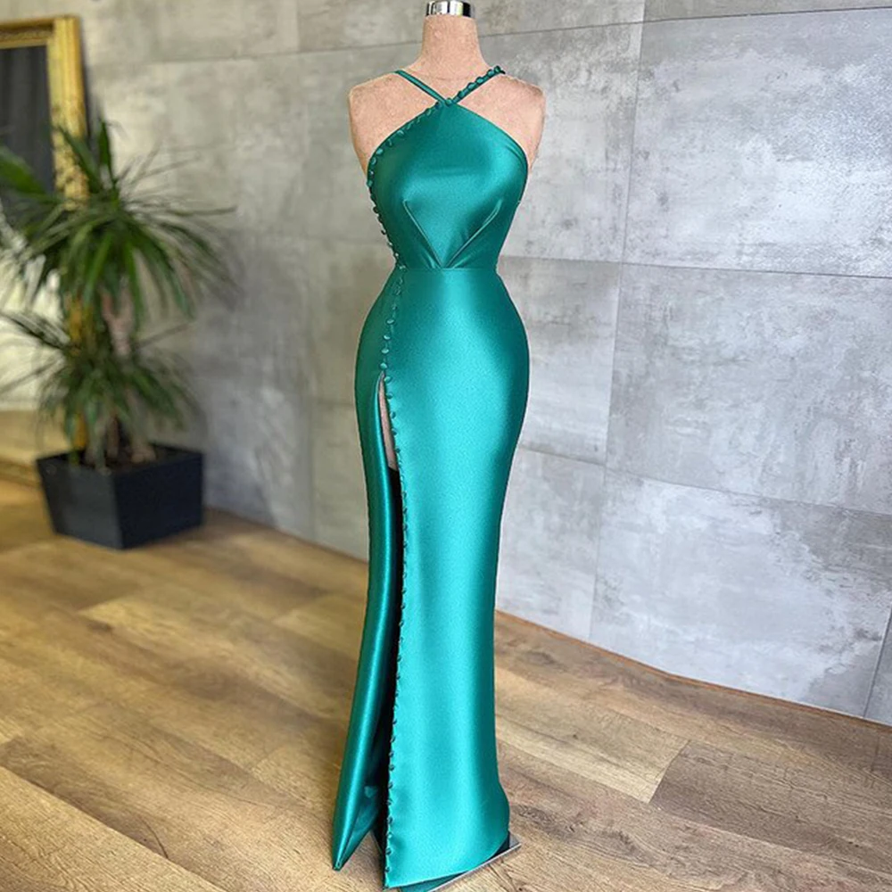 

Flechazo Sexy High Side Slit Evening Dress Halter Sleeveless Mermaid Floor Length with Buttons Women Party Banquet Gowns