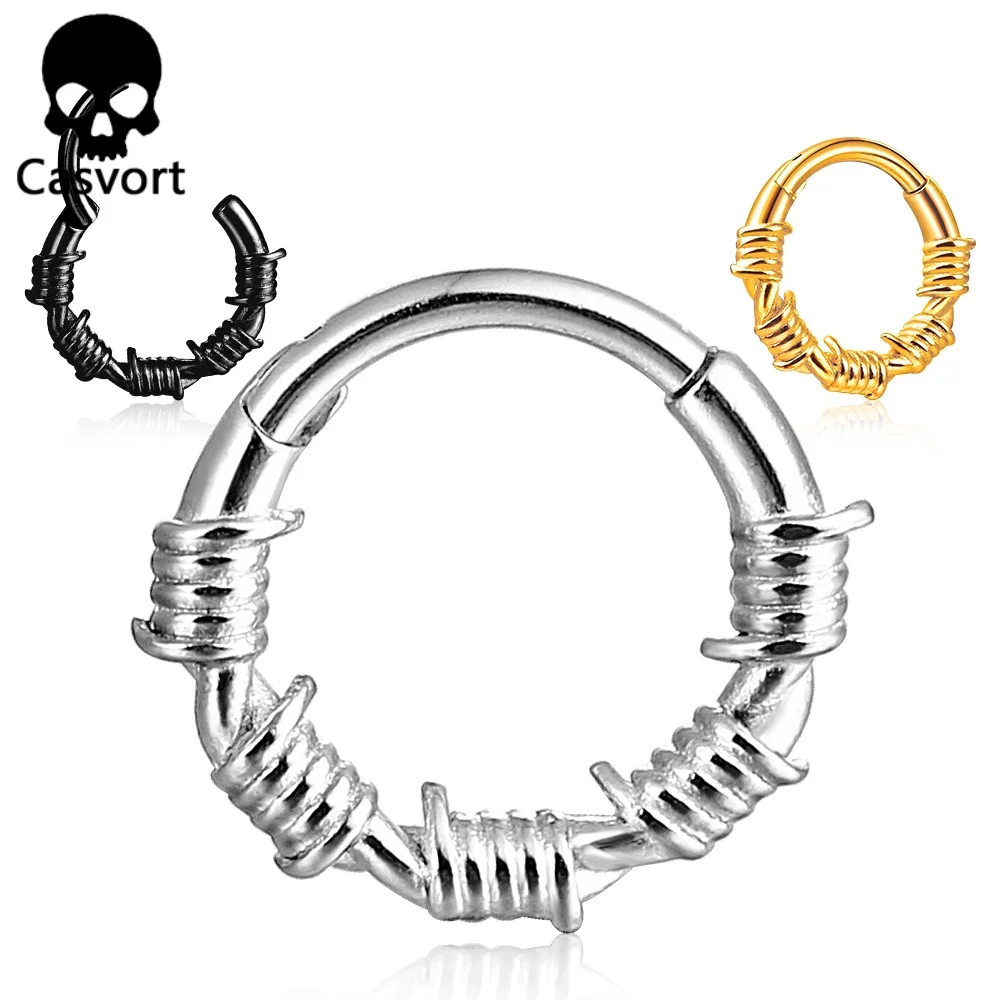 Casvort 1PCS 8mm Stainless  Barbed Wire Nose Rings Septum Hinged Clip Cartilage 16g Hoop Earrings Piercing Jewelry Chic Wild