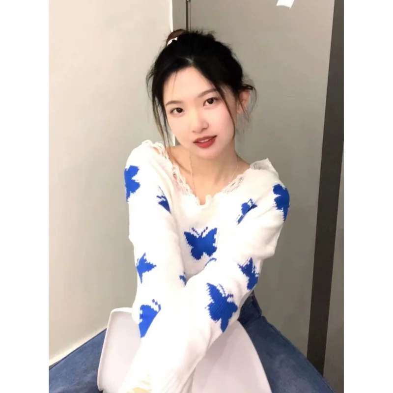 

Butterfly Knitted Top Off-shoulder Ripped Short Autumn New Korean Lazy Short Sweater for Women
