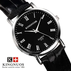 KINGNUOS 2023 Brand New Men Leather Simple Casual Quartz Wristwatch 38mm Dial Roman Digital Unisex Students Clock Men's Watches