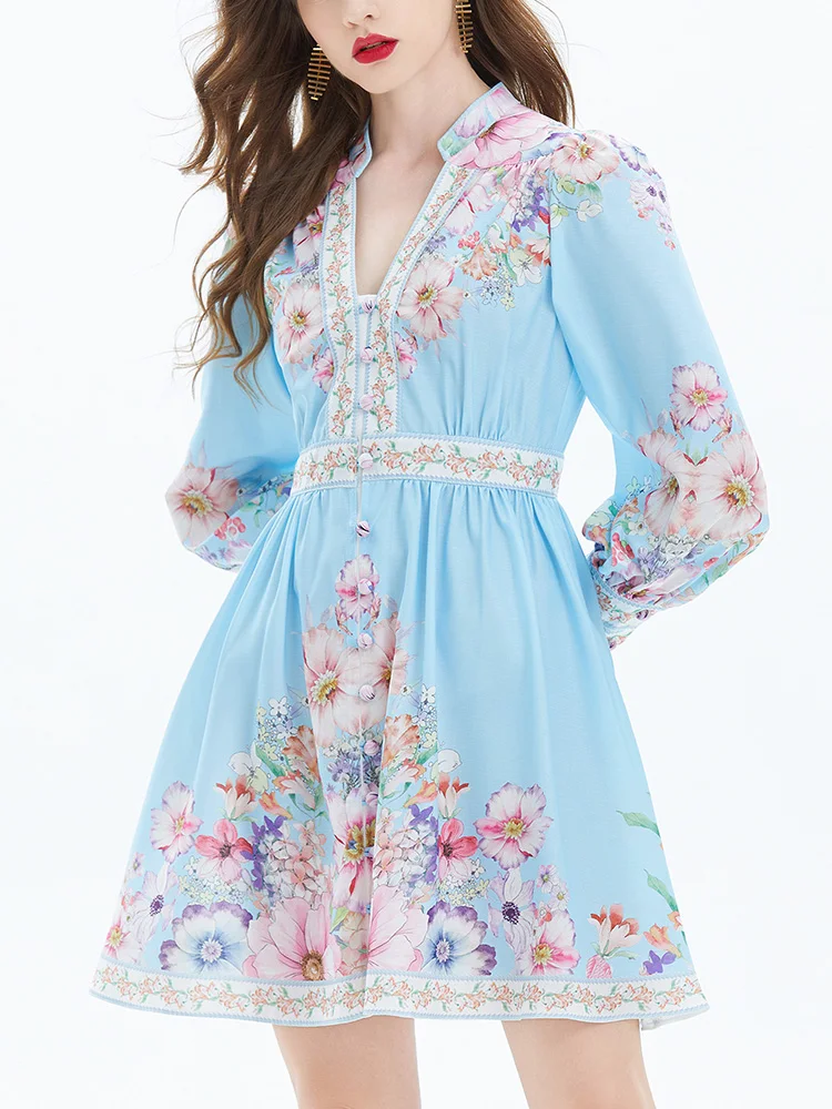 Spring Dresses 2024 Women Fashion Elegant Vintage Floral Print Dress V Neck Front Button Up Long Sleeve Holiday Mini Dress Woman