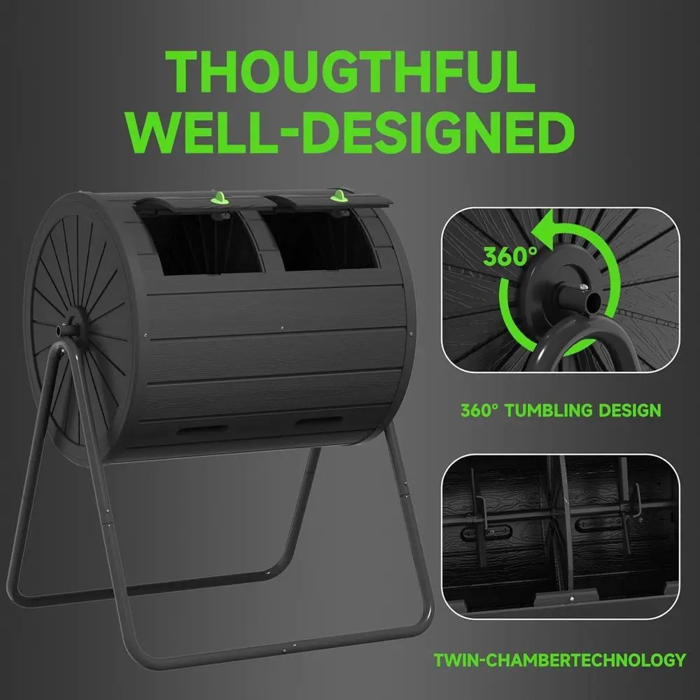 Dual Chamber Tumbling Composter 45 Gallon Large Outdoor Tumbling Composter Efficient Batch Composting Easy Turn Design (Black, 4