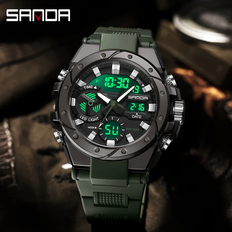 SANDA Top Brand Men Sports Electronic Watch Outdoor Military G Style LED Dual Display Digital Wristwatch 50M Waterproof Luminous