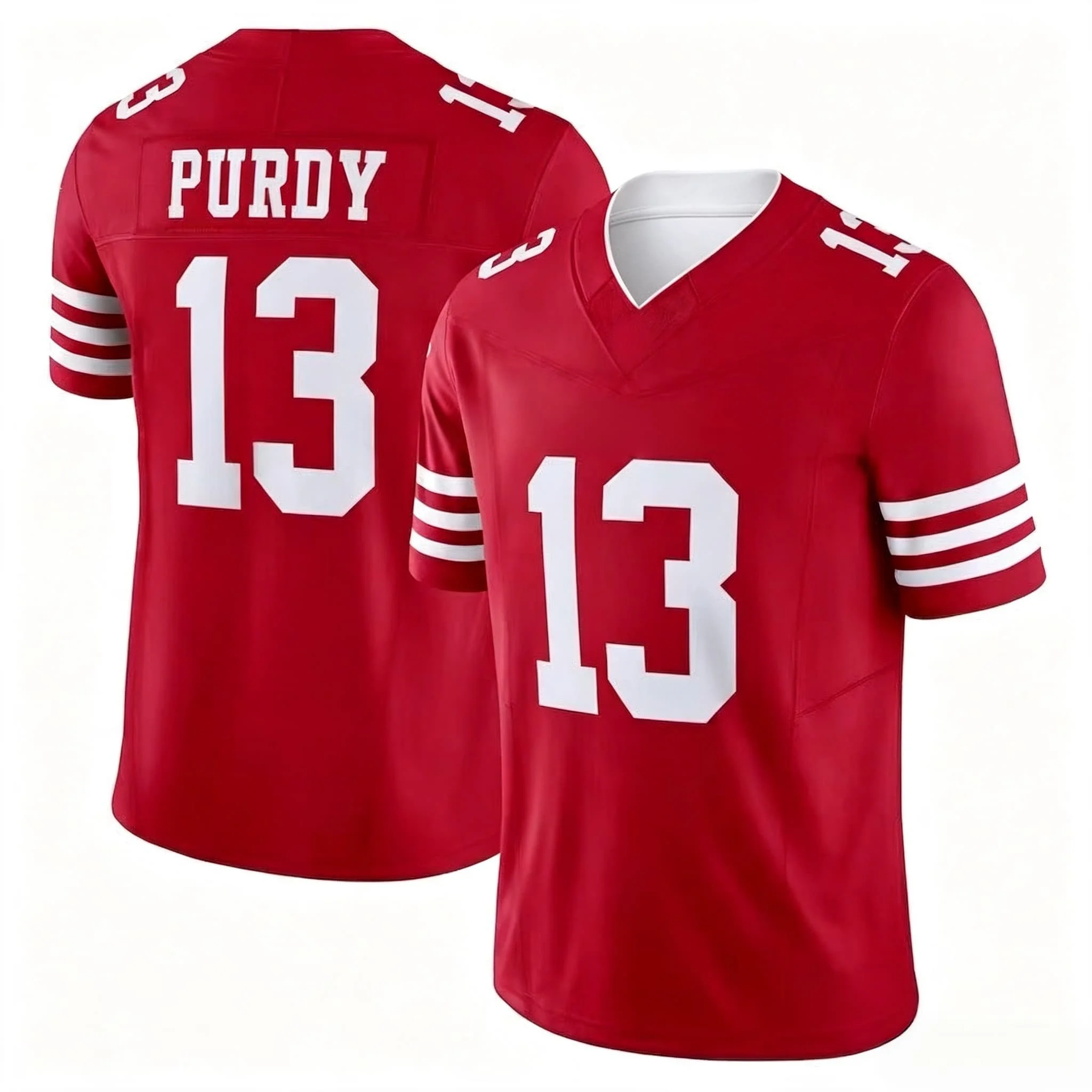 Herren # 13 Brock Purdy American-Football-Trikot V-Ausschnitt Kurzarm Sport-Oberteil Fan-Uniform Rot-Weiß Erwachsenen-Familien-Set