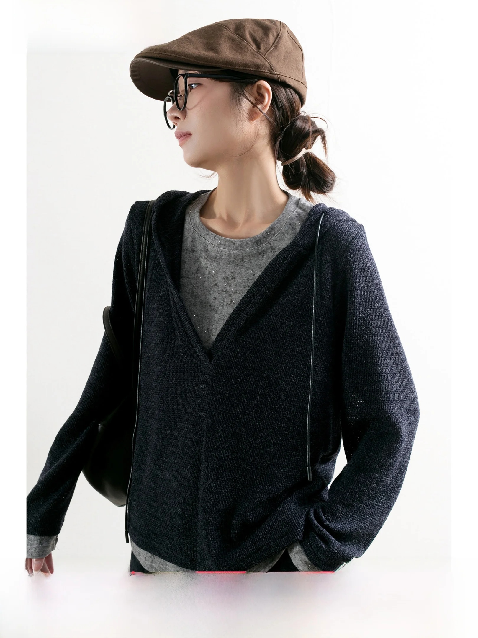 

TidePA Luxury Casual Hooded Knitted Top Women Base Layer irt Fake Two-Piece Sle Eyela ey Soft Polyester Blend