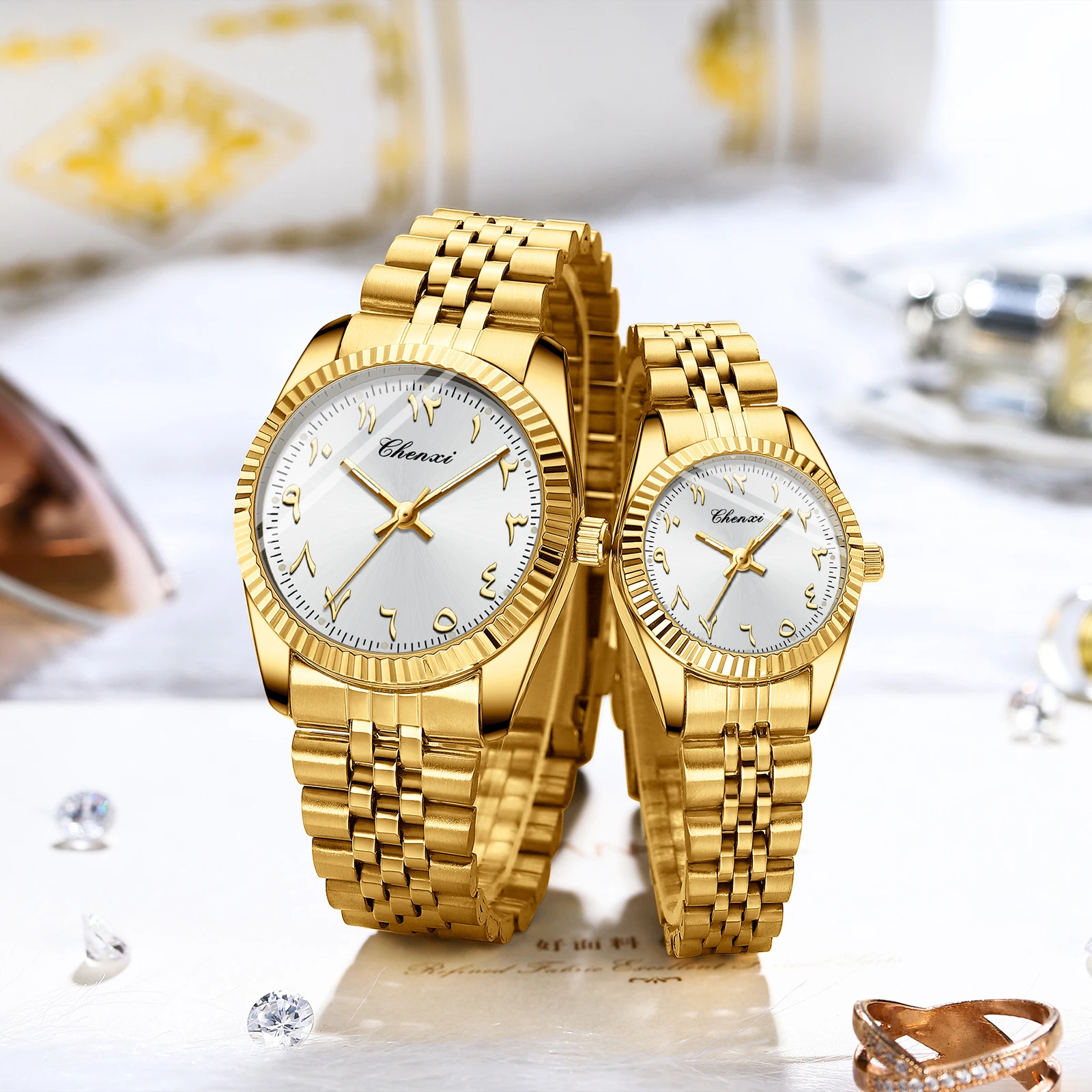 CHENXI Luxury Brand Couple Watch Wear Stainless Steel Strap Golden Dial Waterproof Sport Casual Women Men Quartz Watches Reloj