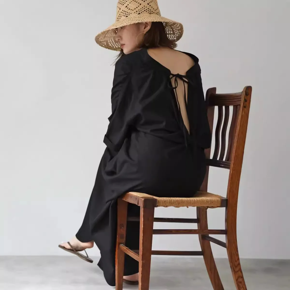 Rakuten japonés y coreano nuevo vestido de verano para mujer Casual cómodo Bowknot espalda descubierta manga corta vestido camisero largo fiesta