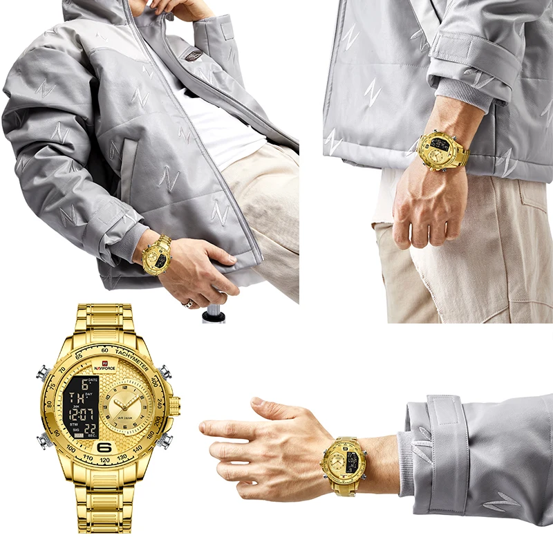 NAVIFORCE Luxury Brand Watches For Men Stainless Steel Chronograph Digital Quartz Wrist watch Fashion Luminous Waterproof Clock