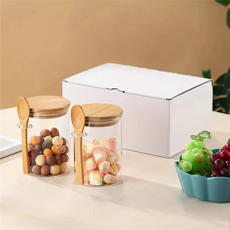 

B59A Transparent Glass Candy Jar With Sealed Bamboo Lid And Spoon - Biscuit Storage Container For Bulk Food