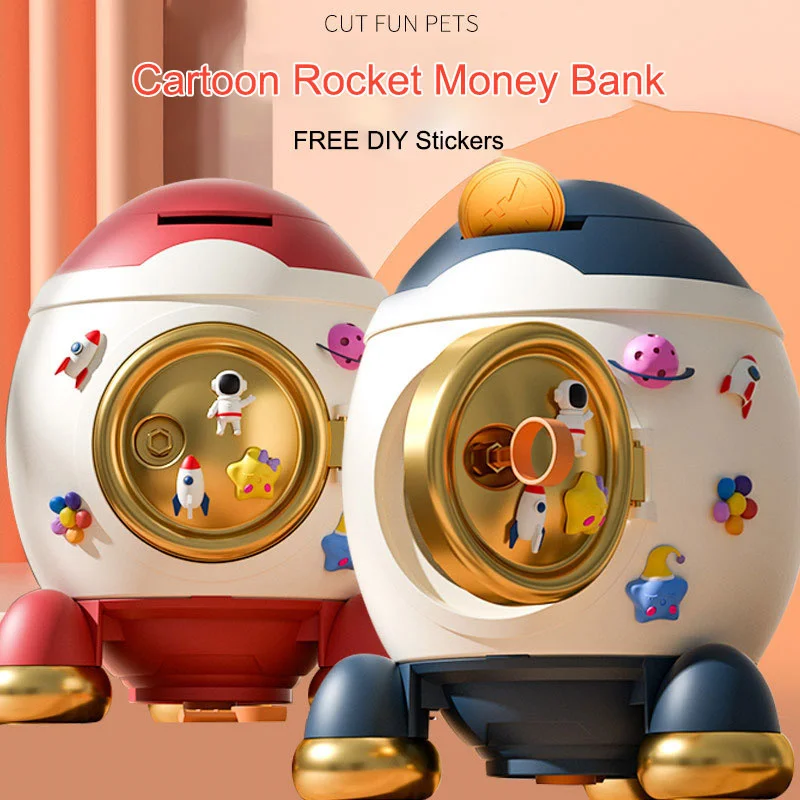 Cartoon Rocket Piggy Bank Large Capacity Deposited And Take Out Piggy Bank With Key Cute Ornament