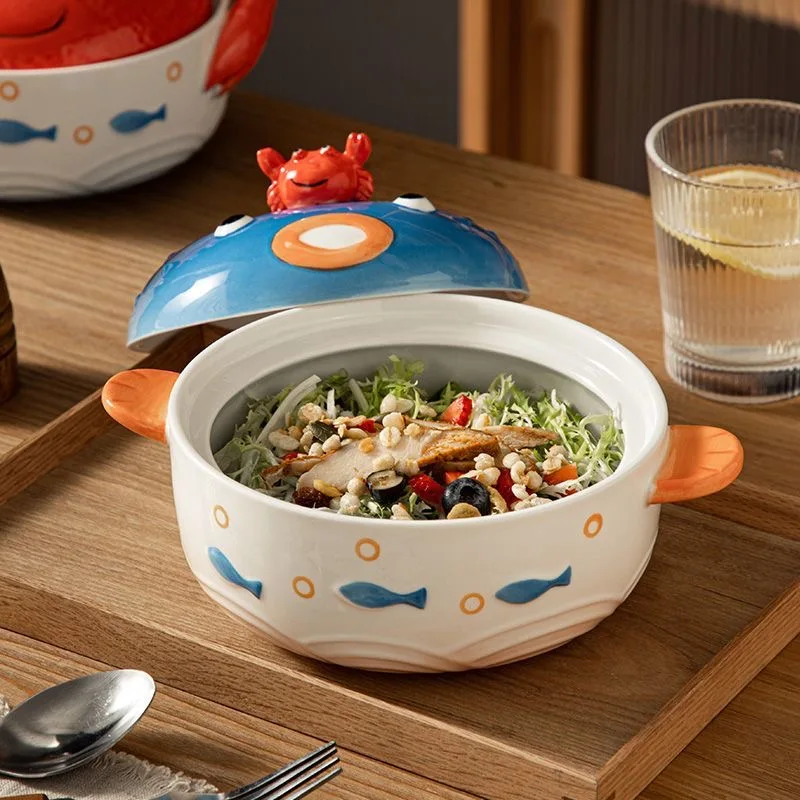 Kawaii Crab Ramen Ceramic Bowl with Lid, Cute Pufferfish, Salad Fruit, Instant Noodle, Rice Soup, Large Kitchen Tableware