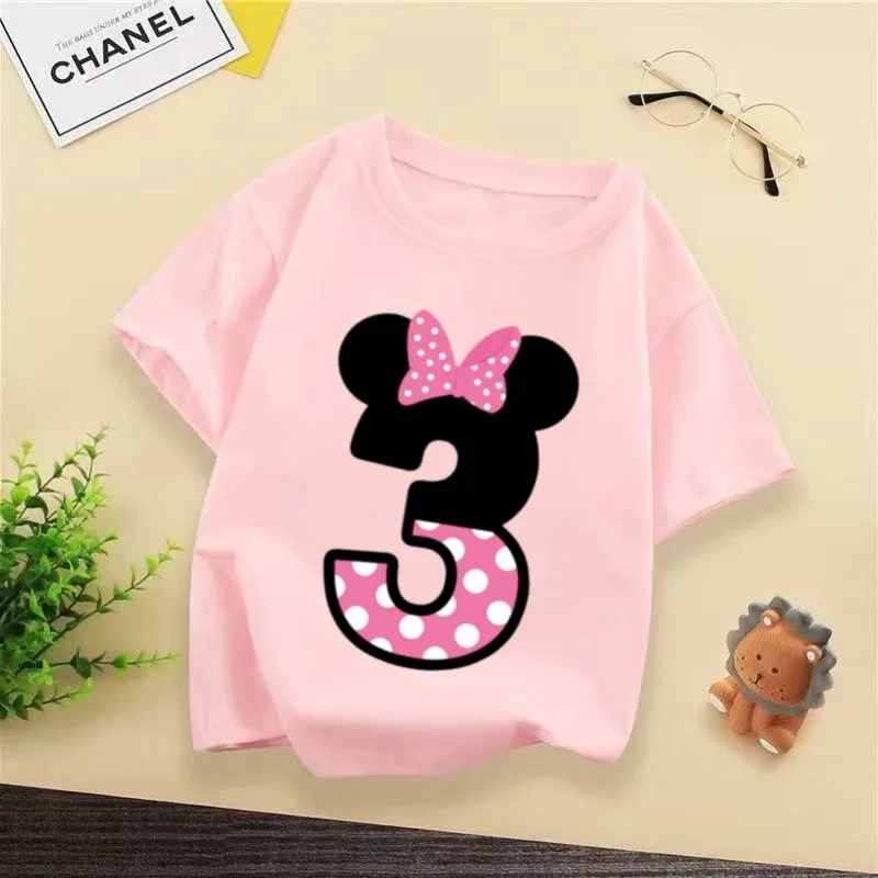 

2025 Disney Pretty Baby Girl Birthday Digital Printed T-shirt Pink Round Neck Cotton Top Perfect Birthday Gift
