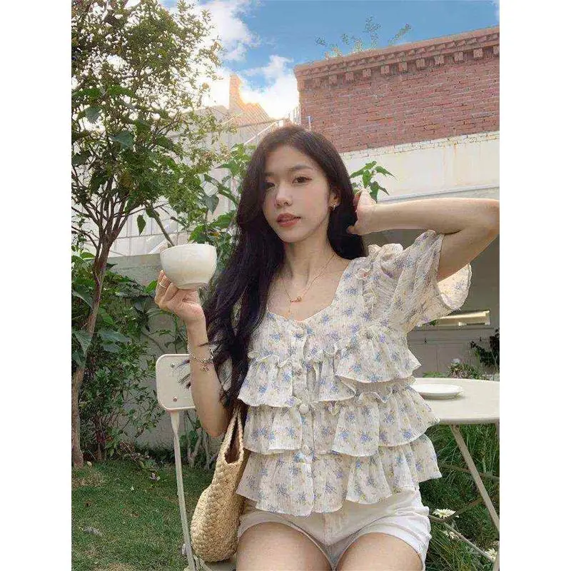 

Sweet Square Collar Puff Sve Chiffon irt Женский летний модный топ с прямым вырезом и узлом Cold oulder ort Sve Top