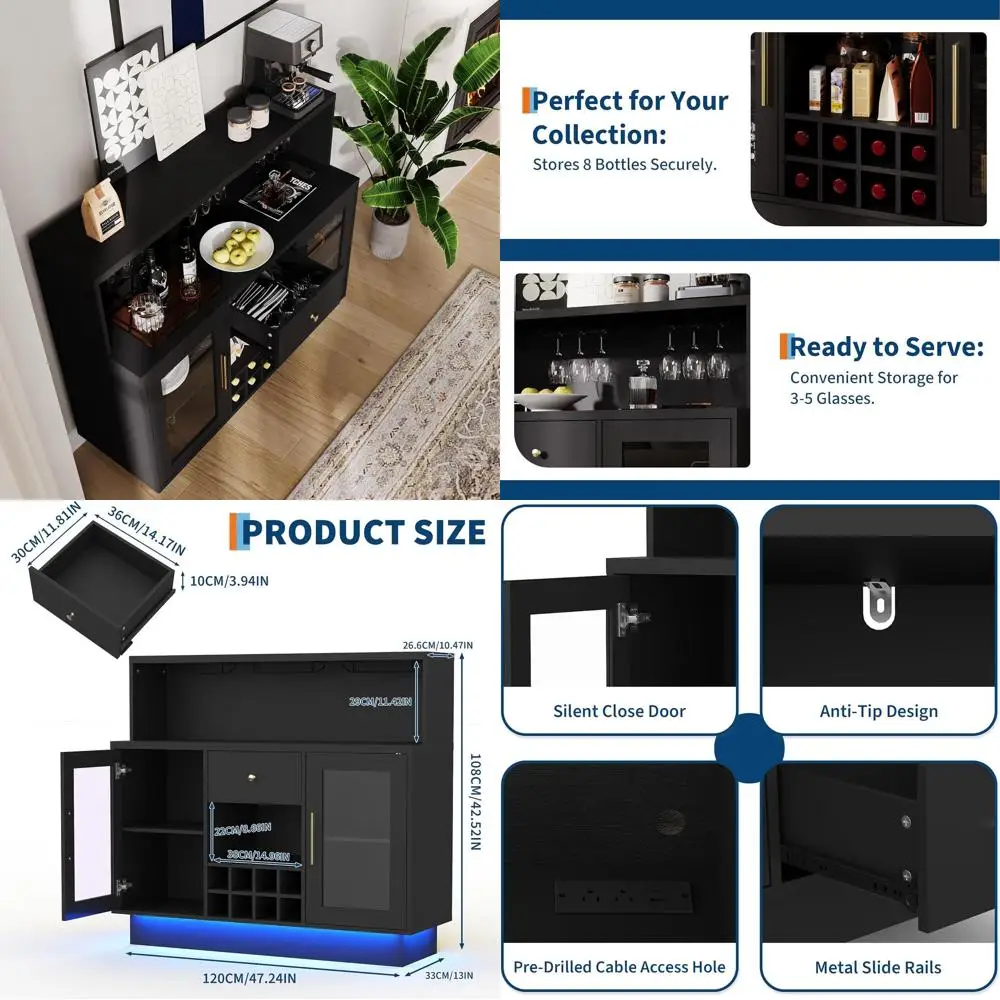 

Премиальный двухъярусный винный шкаф-бар со светодиодной подсветкой, стеклянными дверцами и выдвижными ящиками – универсальная мебель для домашнего бара, кухни, столовой