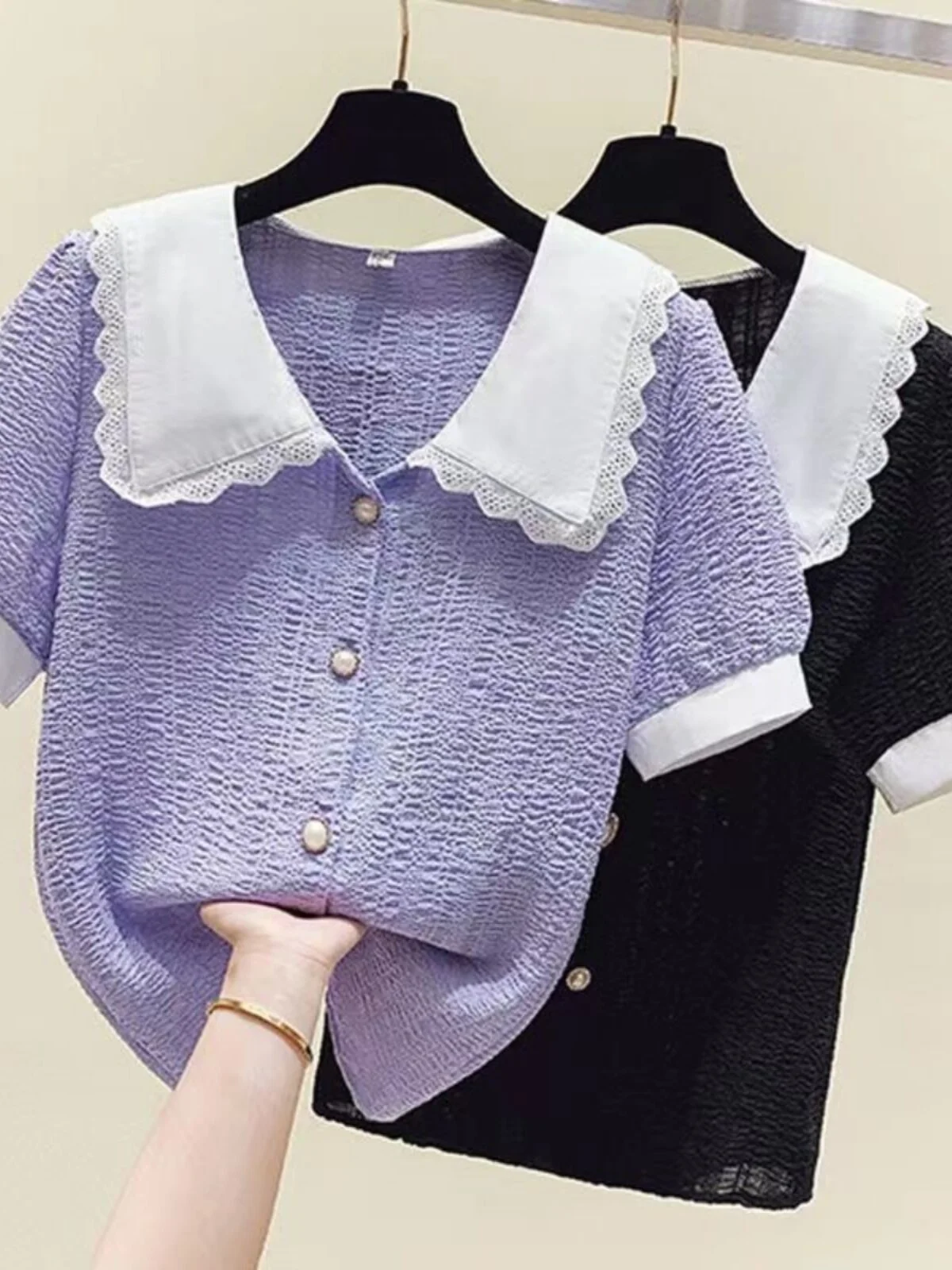 

Sweet Lace Peter Pan Collar Chiffon Shirt Large Size Women's Summer Short Sleeved Top Versatile Loose Single Breasted Blouse