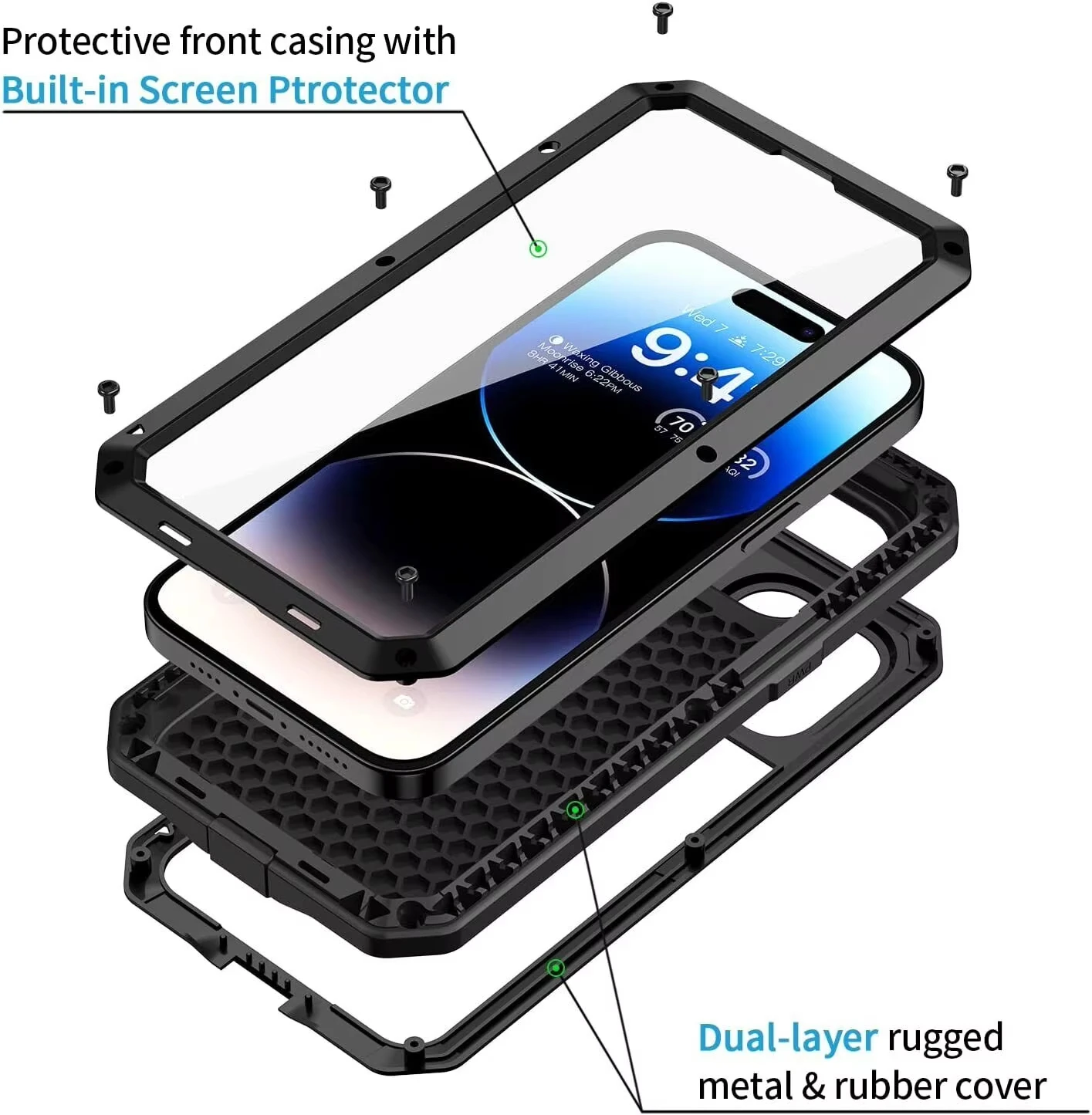 For iPhone 16 15 14 13 12 11 Pro Max X XR 8 7 Plus Aluminum Metal Tank Case Heavy Duty Shockproof Rugged Armor Cover Screen Film