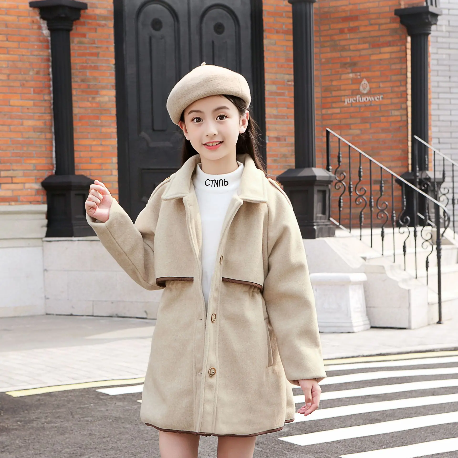 Winter Beige Thick Long Jackets Little Kid\'s Girls Coat Breasted Woolen Overcoat Cotton Trench Jackets Teenage Girl Coat 2-16Y